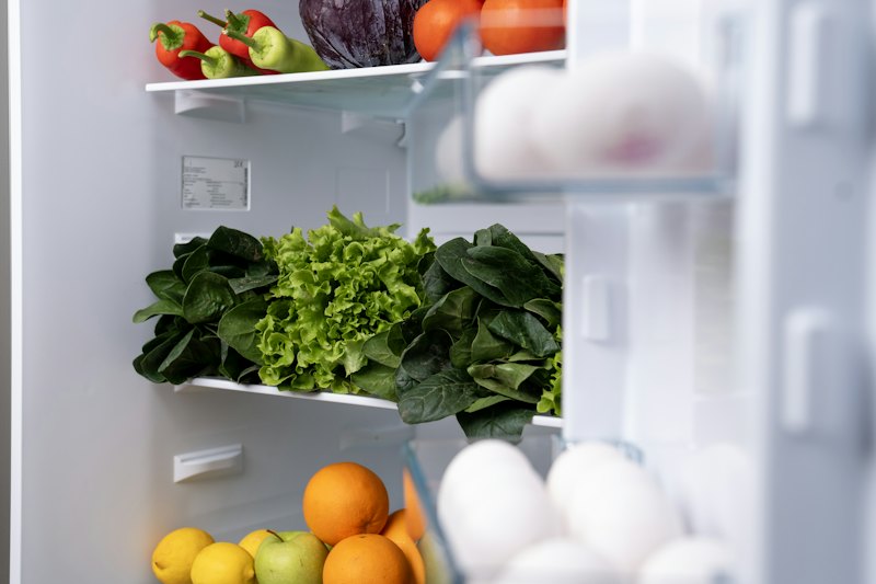 An open fridge with vegetables, eggs and leftovers