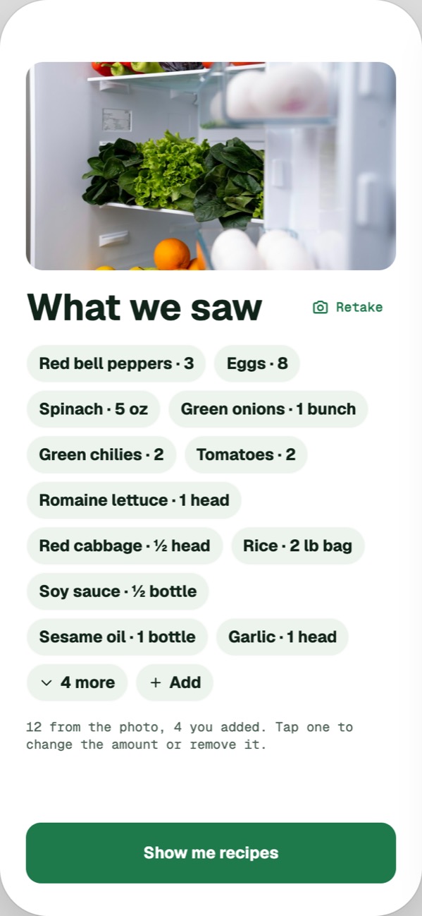 The What we saw screen: red bell peppers, eggs, spinach, green onions and more, each with an amount